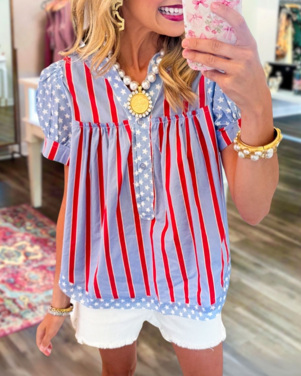 Striped Star Half-Button Top