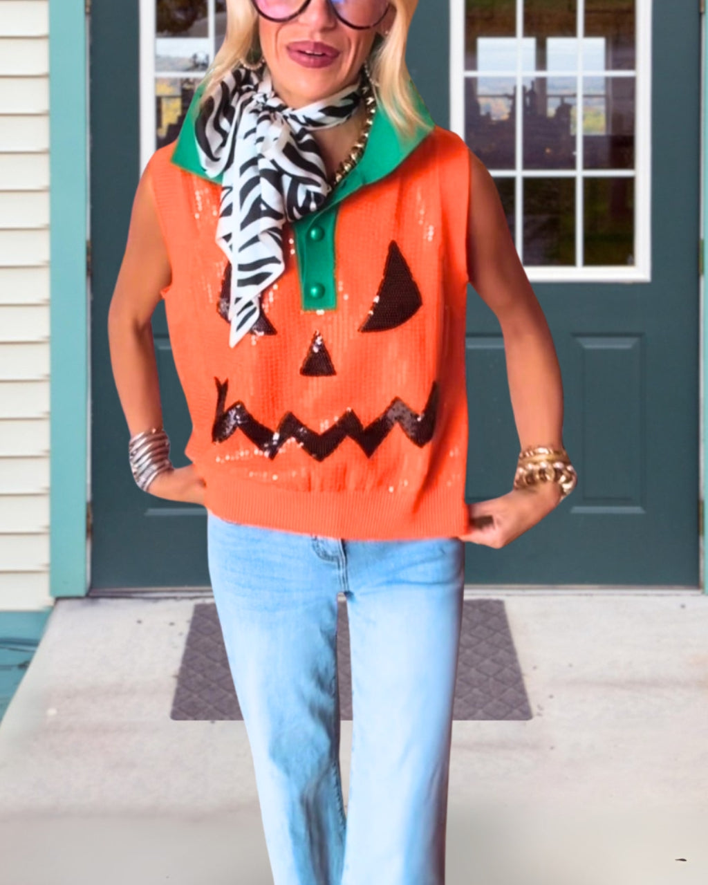 Sequin Pumpkin Smiley Face Vest