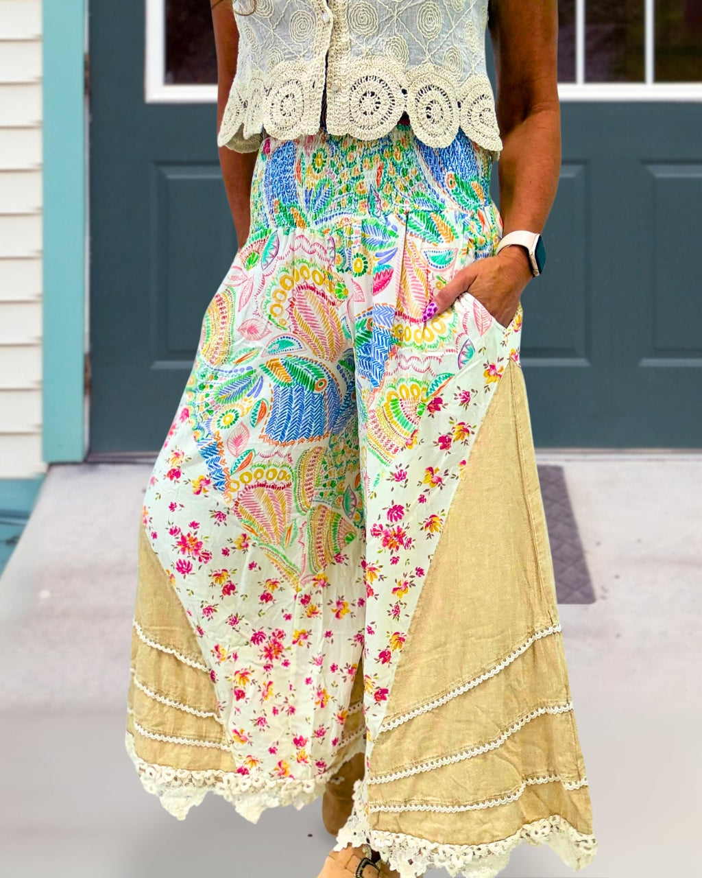 Lace Trim Floral Smocked Pants