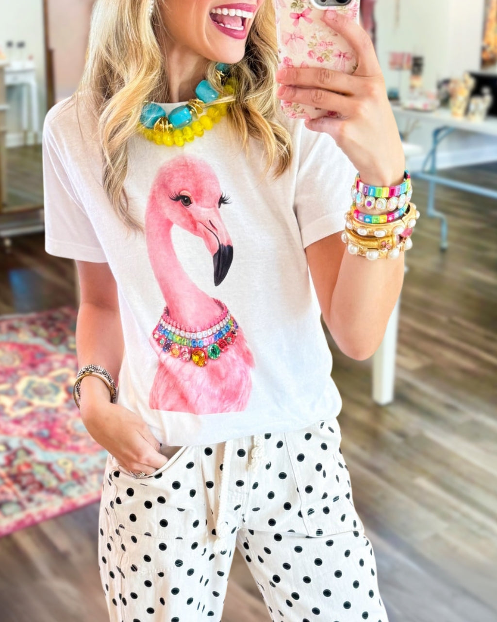 Flamingo Gemstone Necklace Printed Tee