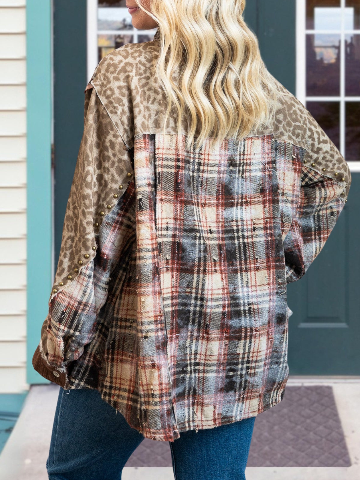Leopard Print Plaid Patchwork Wool Blend Shirt