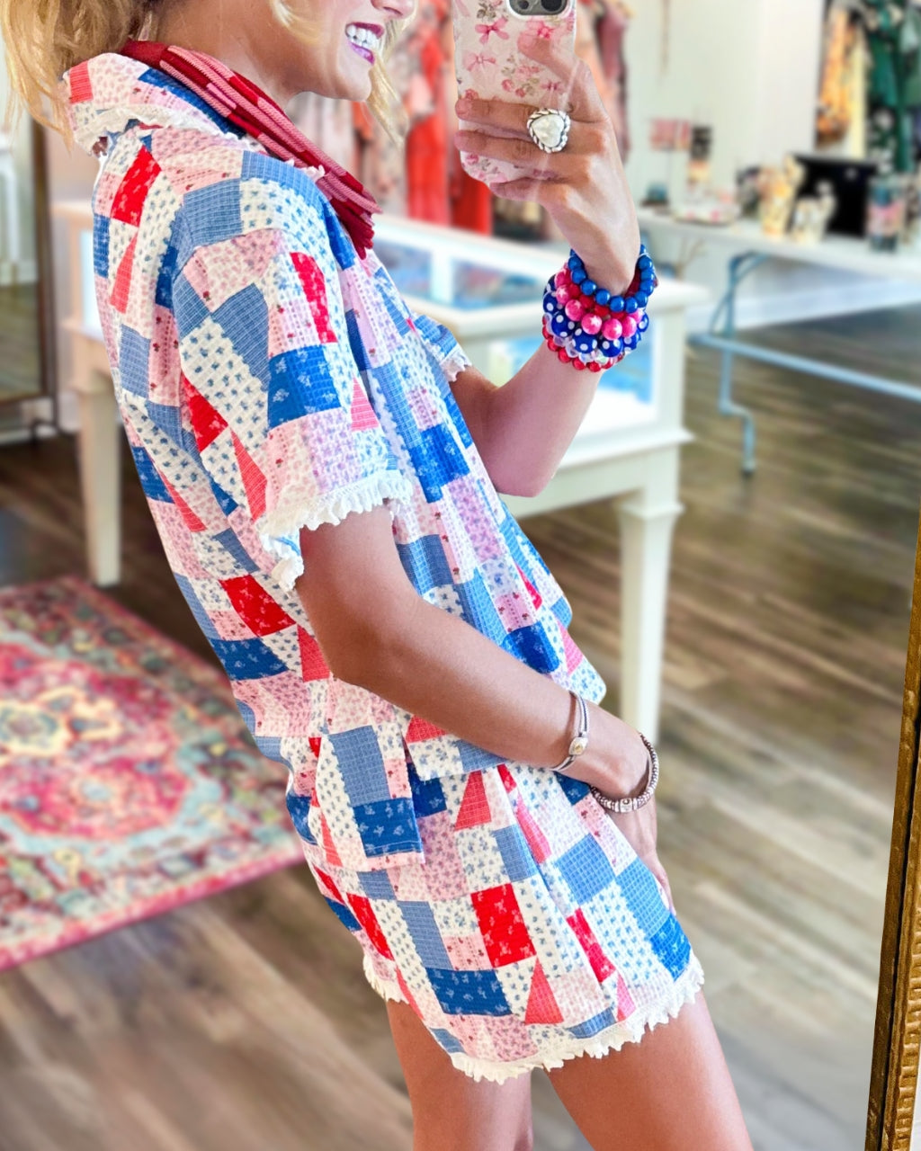 Mixed Plaid Pattern Shorts Set