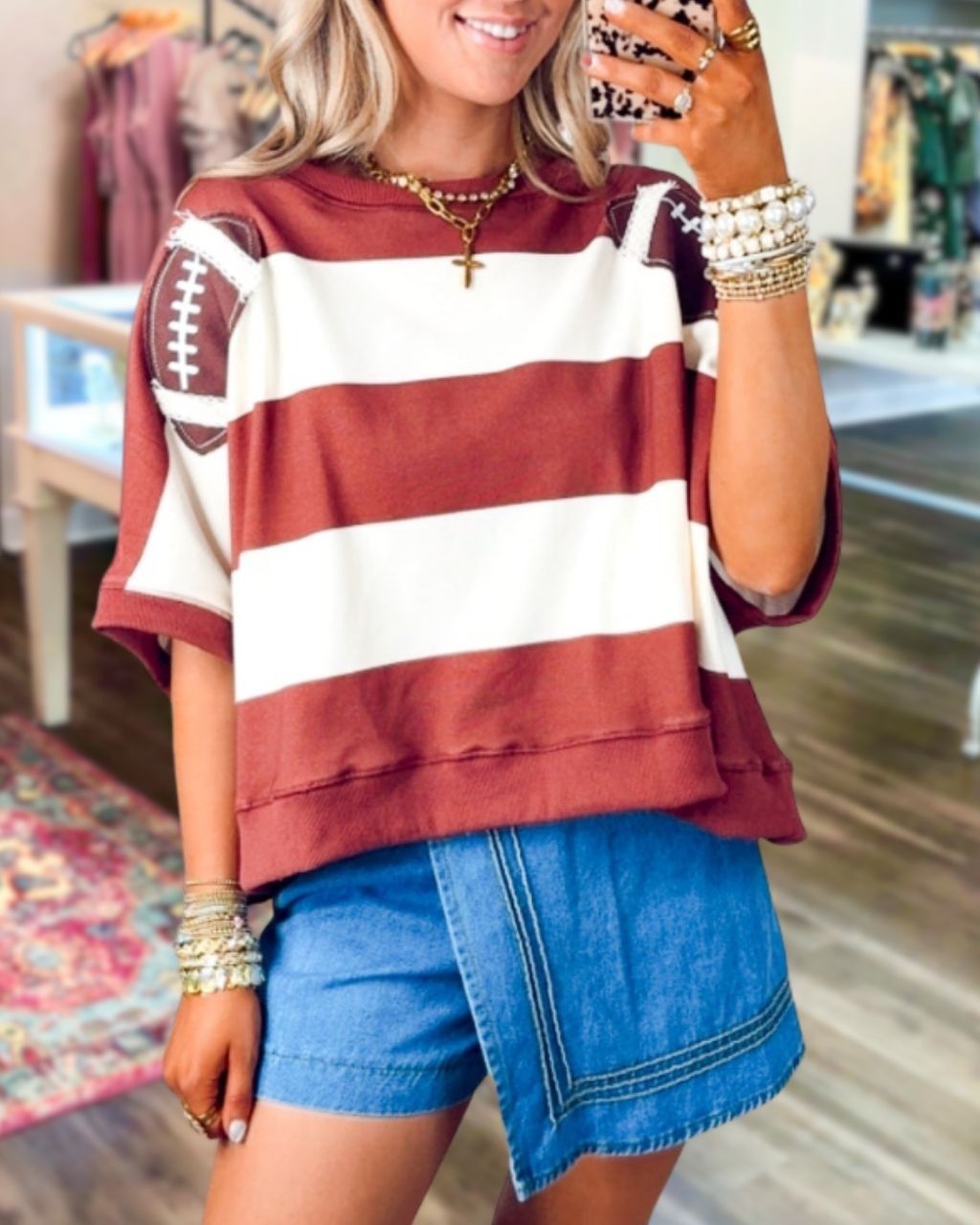 Football Embroidered Patch Color-blocked Top