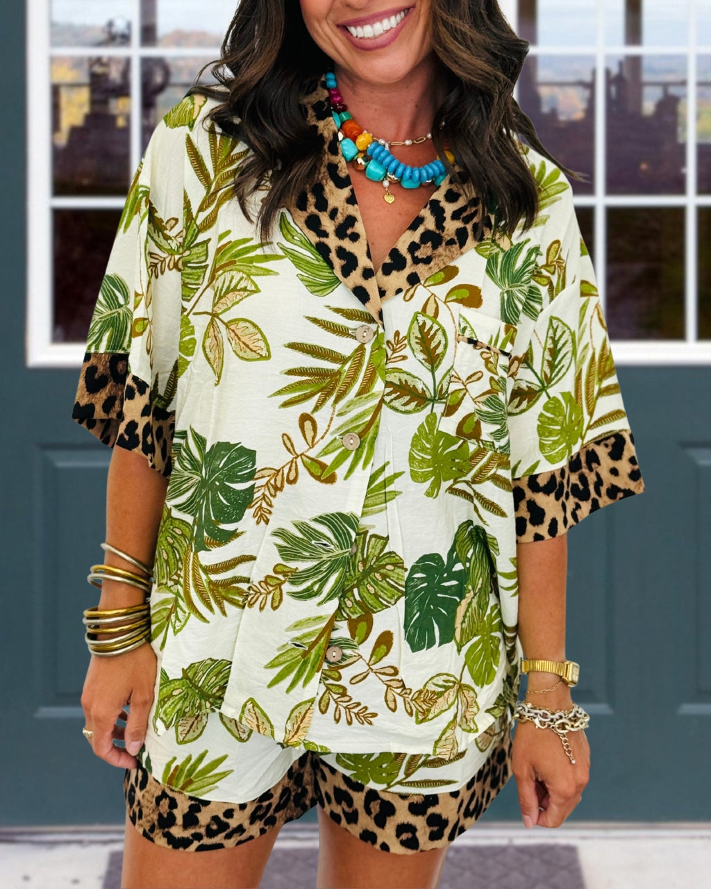 Tropical Leaf Leopard Trim Shorts Set