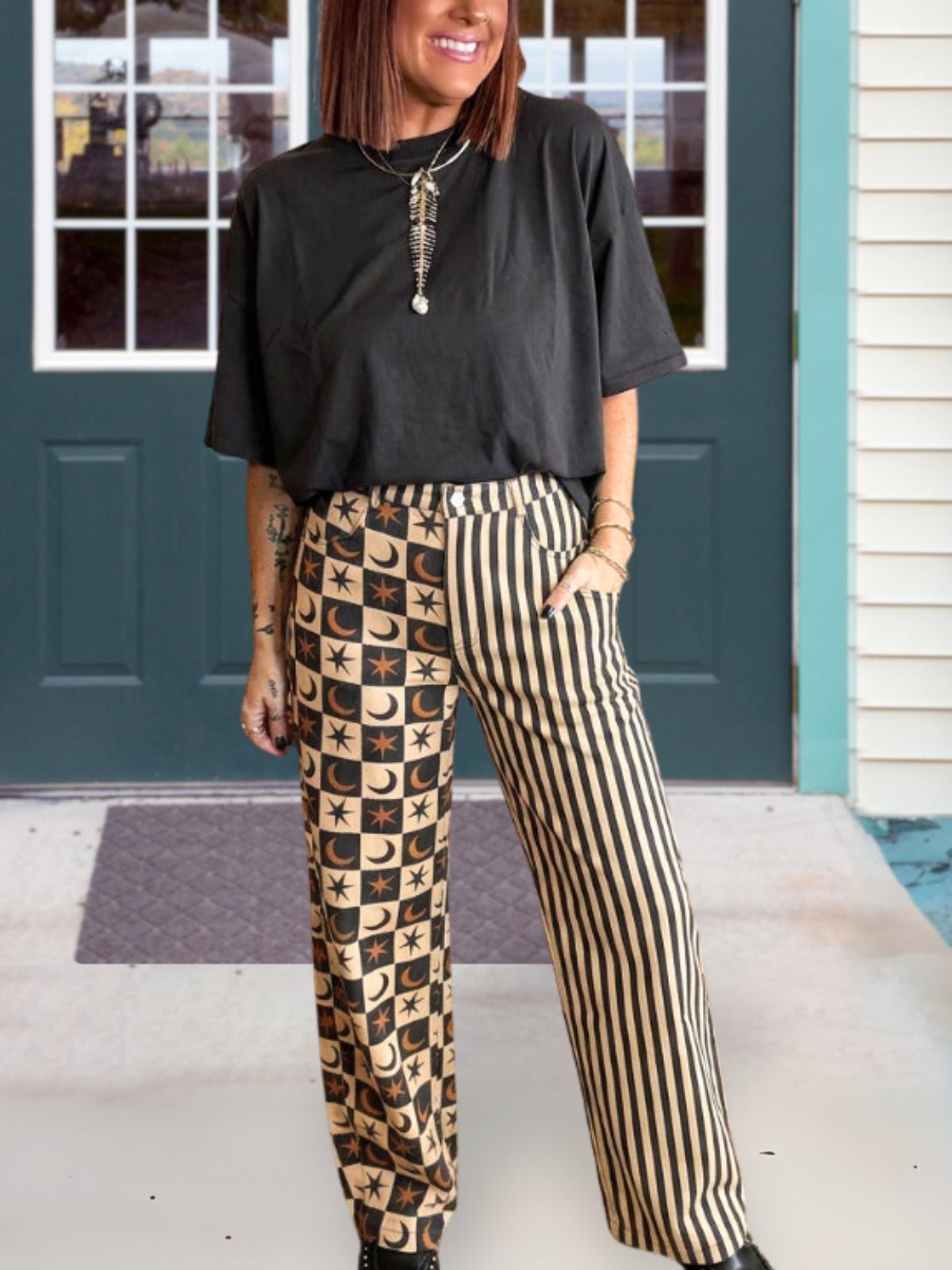Striped Star Moon Checkerboard Patchwork Pants