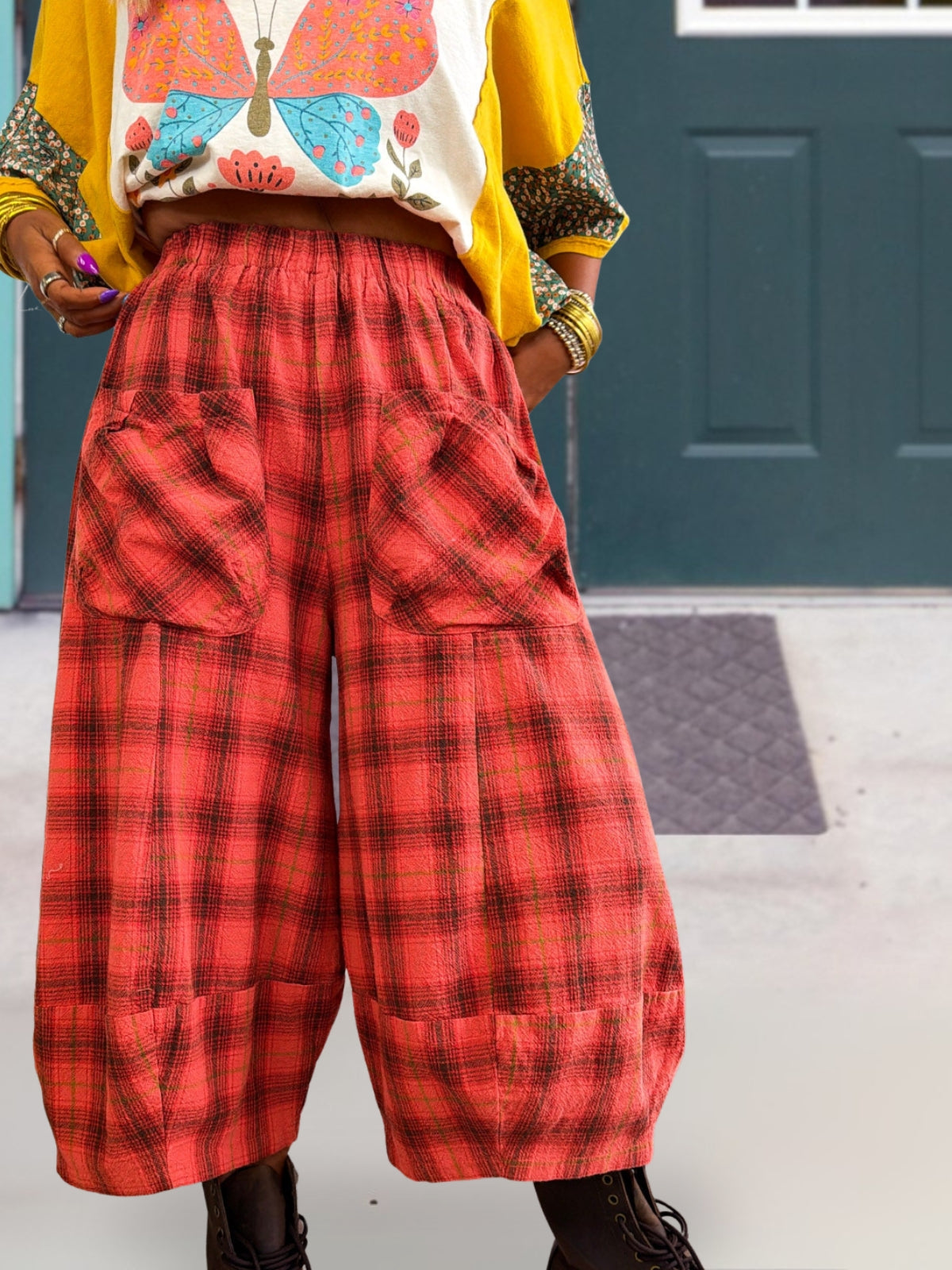 Wool Blend Plaid Wide-Leg Lantern Pants