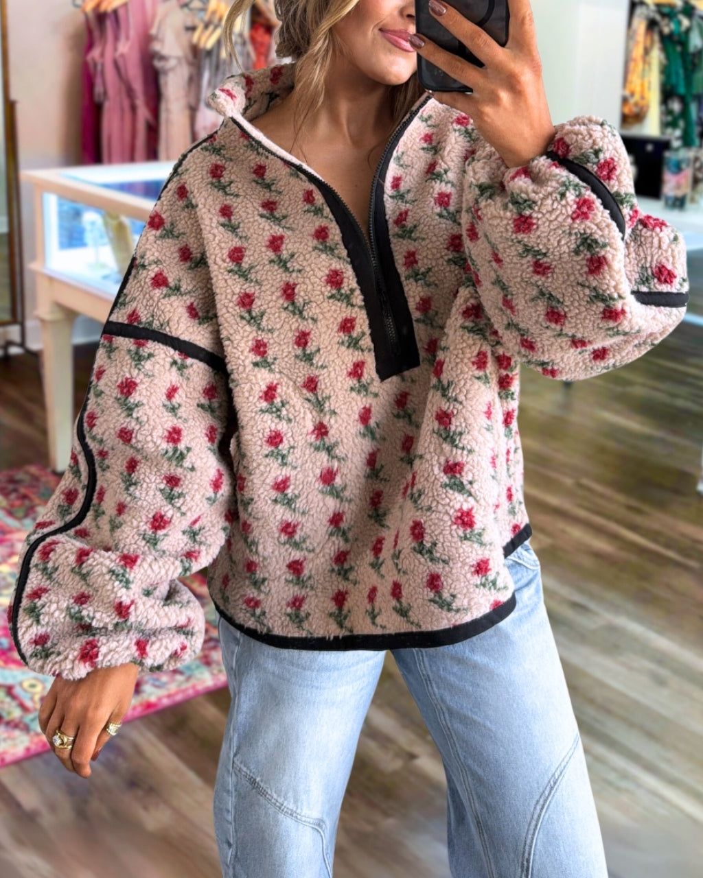 Rose Print Plush Half-zip Pullover
