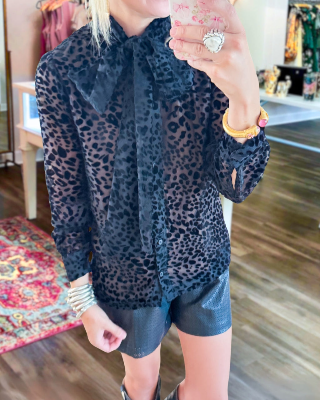 Leopard Chiffon Flocking Button Down Top
