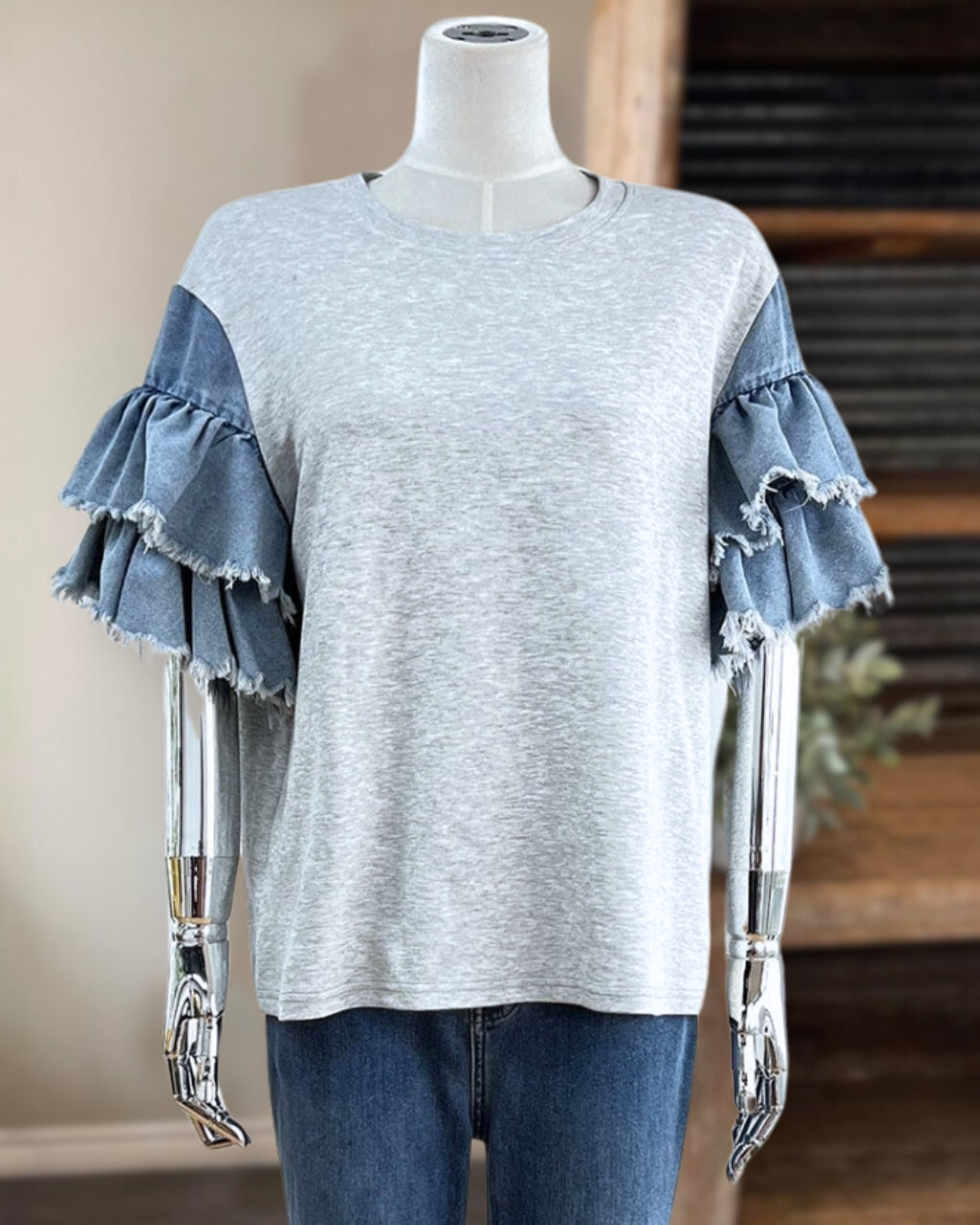 Denim Ruffle Sleeves Tee