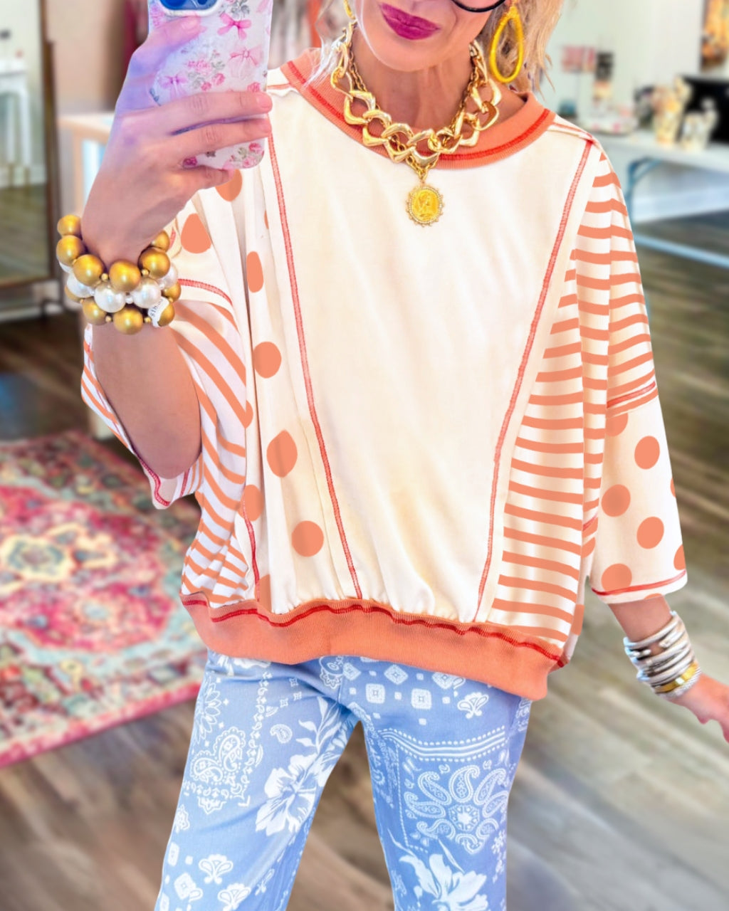 Polka Dot Striped Reverse Seam Top