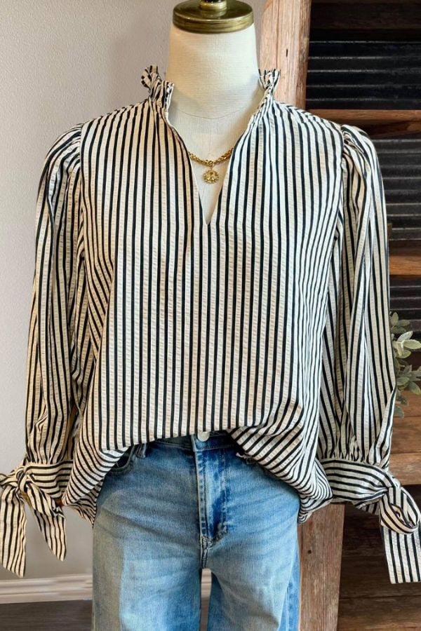 Ruffle Striped Pleated V-Neck Top