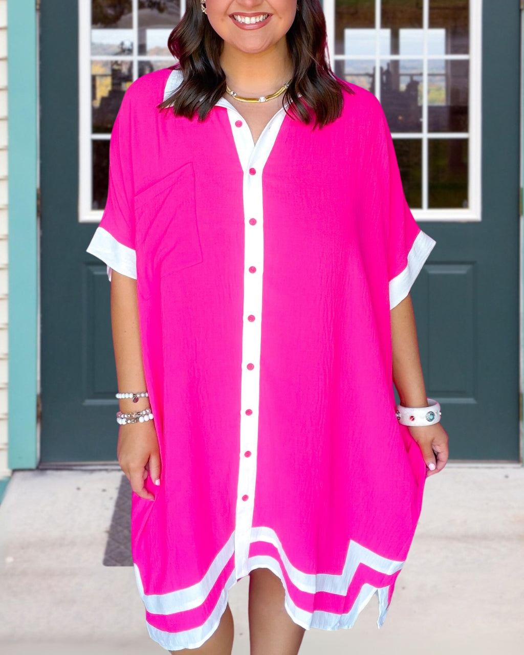 Breezy Color-Blocked Trim Shirt Dress