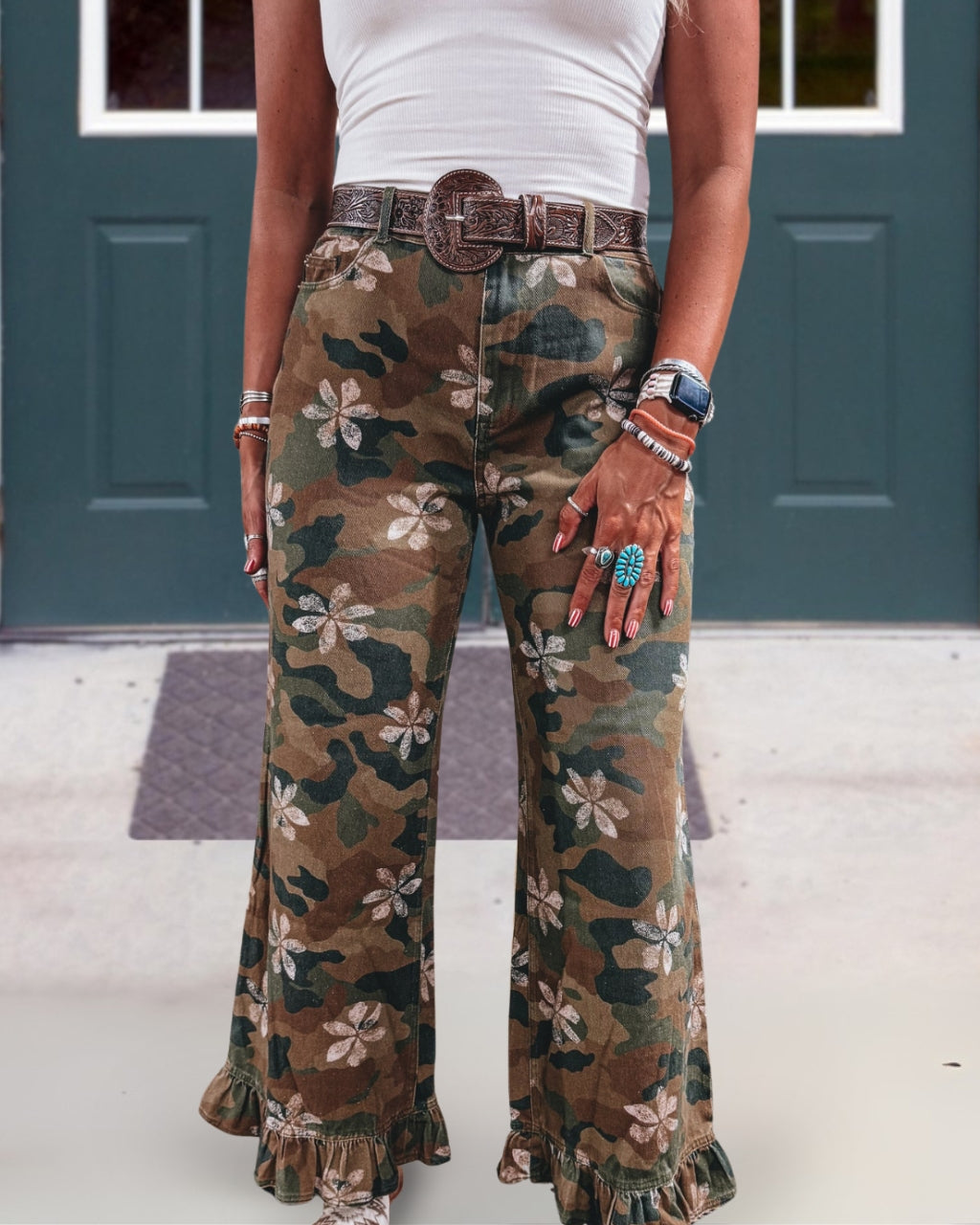 Camo Floral Ruffle Hem Pants