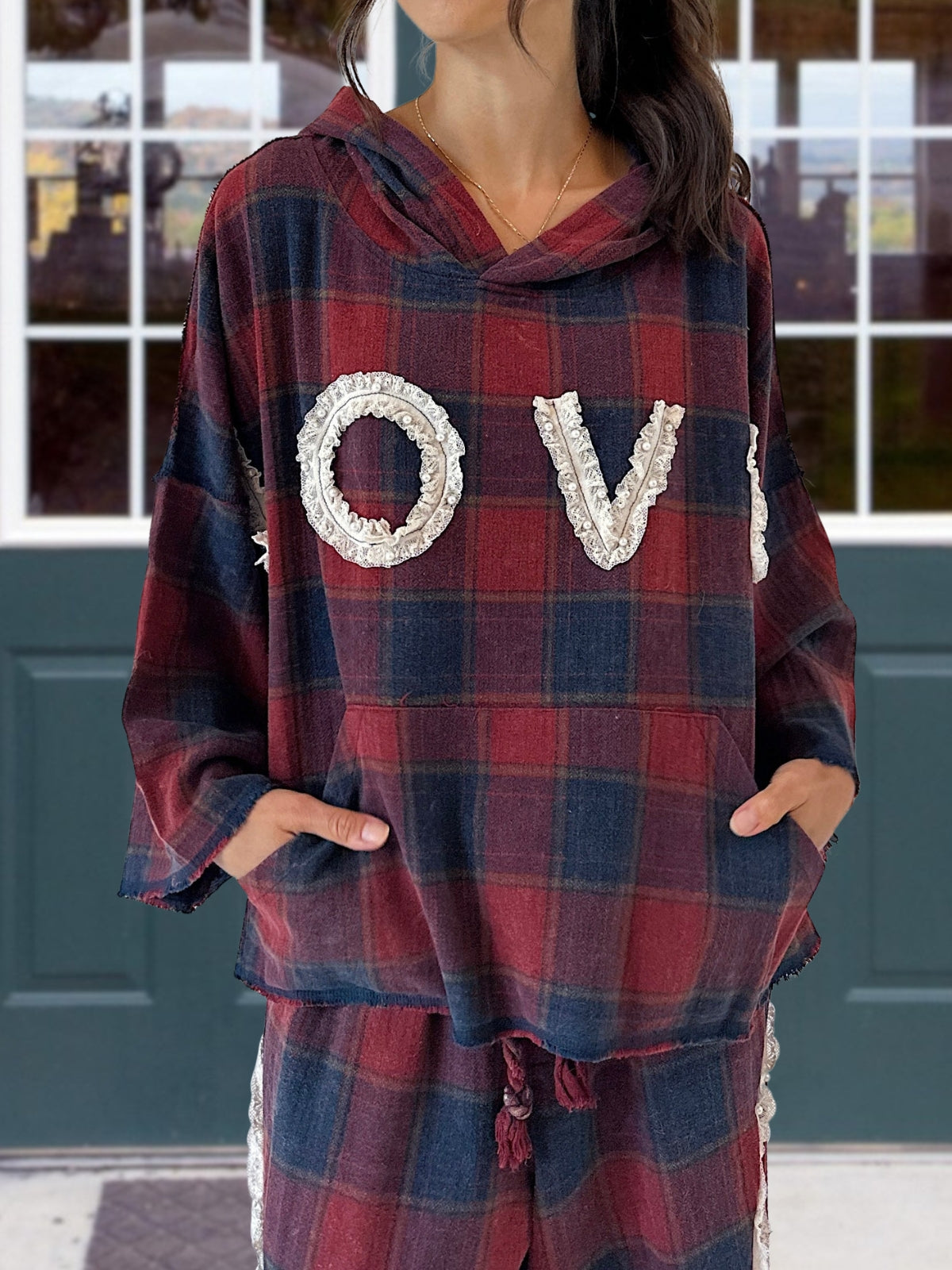 LOVE Patch Plaid Hooded Top