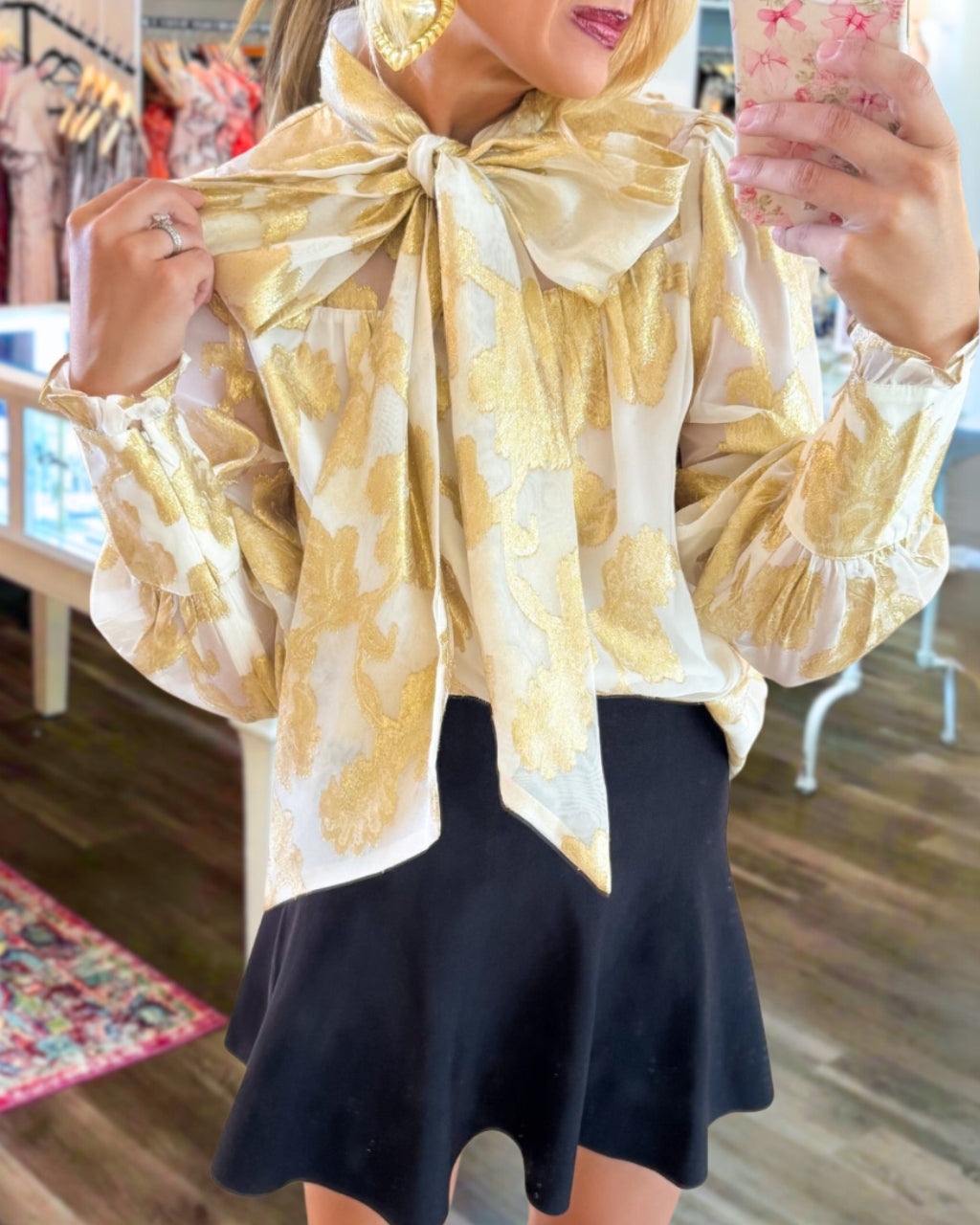 Chic Satin Floral Print Bow Blouse