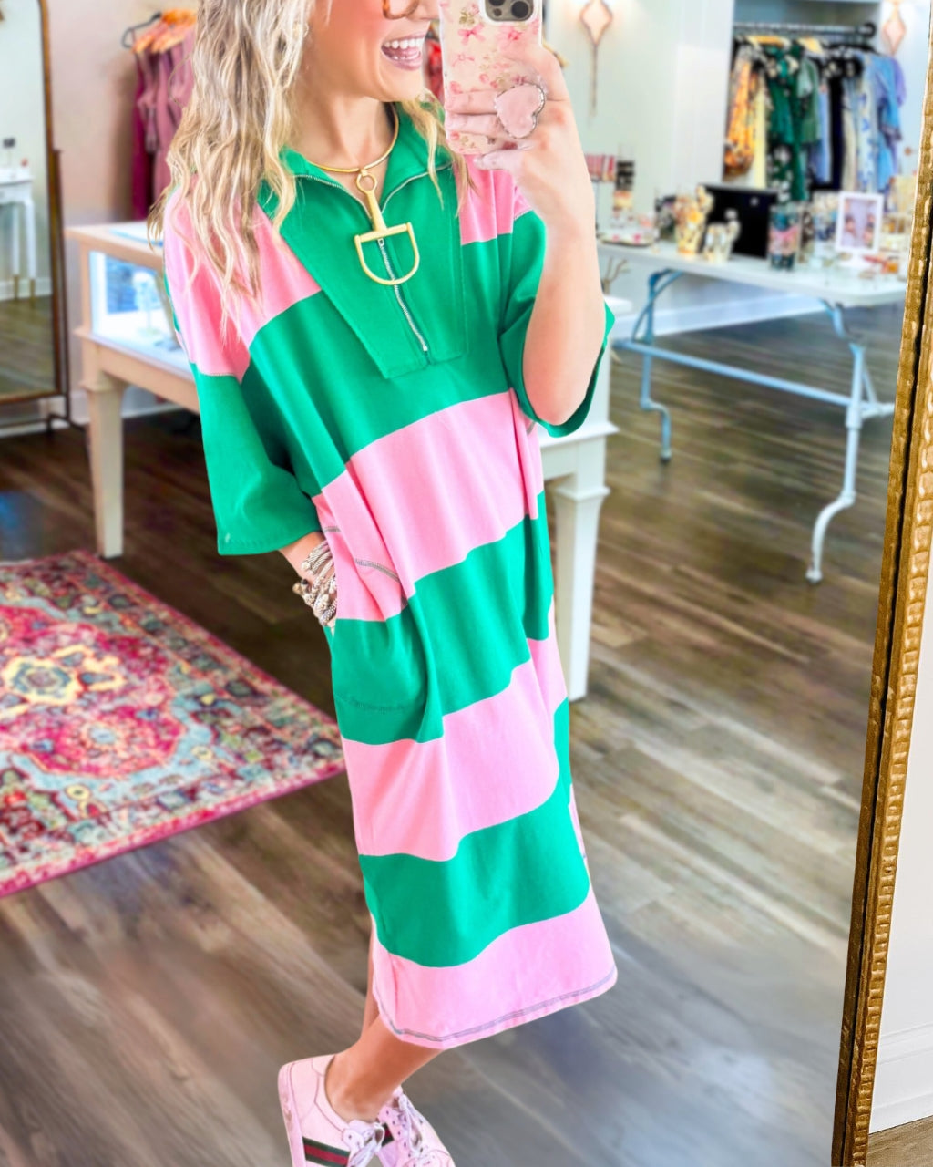 Color-block Striped Half-Zip Dress