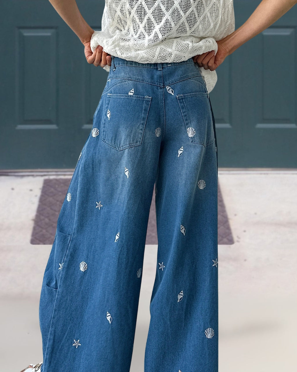 Coastal Embroidered Wide-Leg Denim Pants