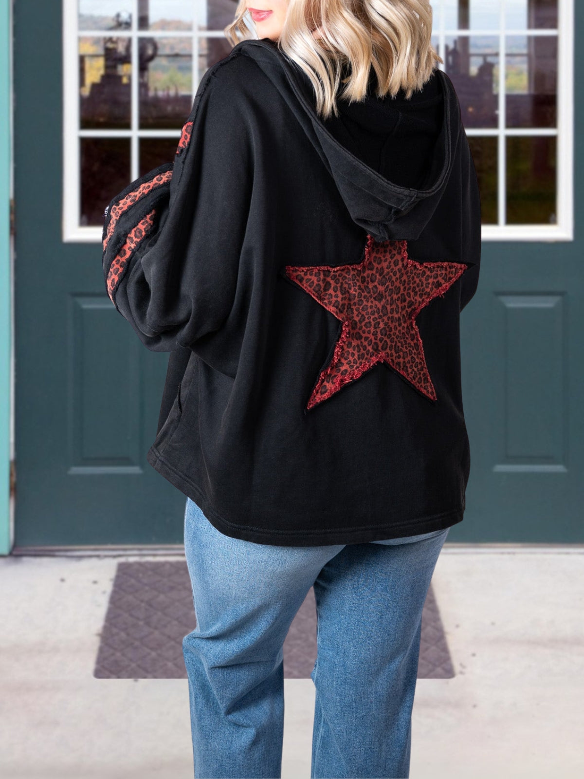 Leopard Print Star Patchwork Hooded Top