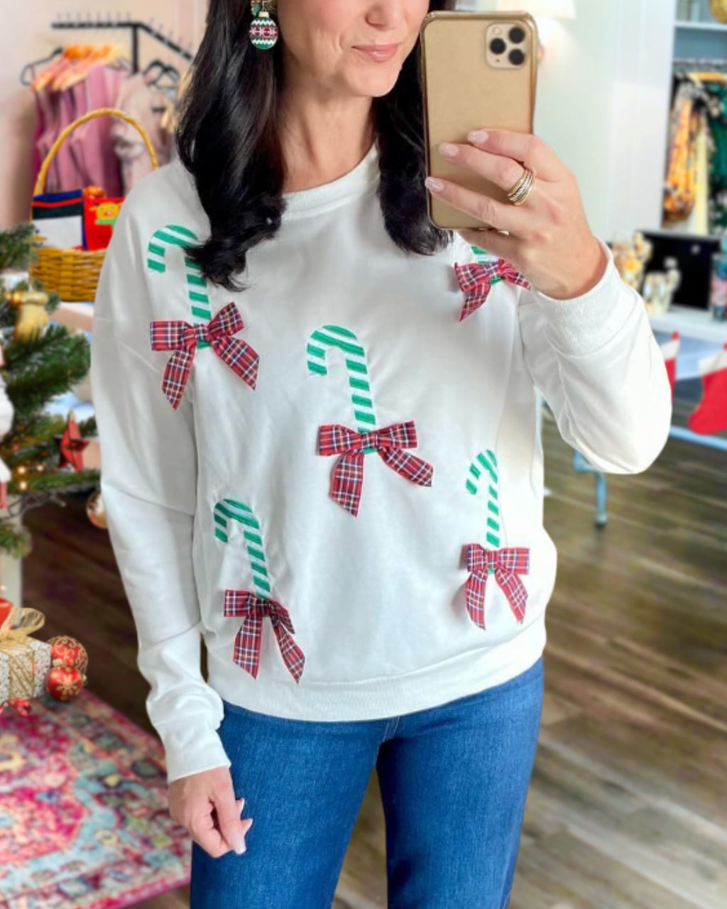 Festive Embroidered Candy Cane Bow Sweatshirt