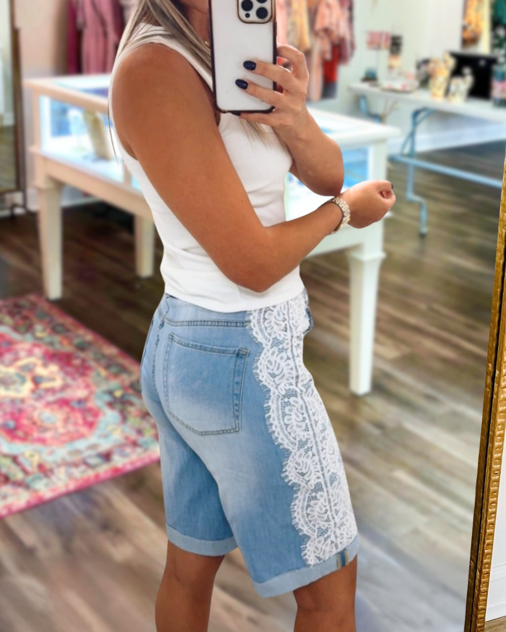 Lace-Trimmed Denim Bermuda Shorts