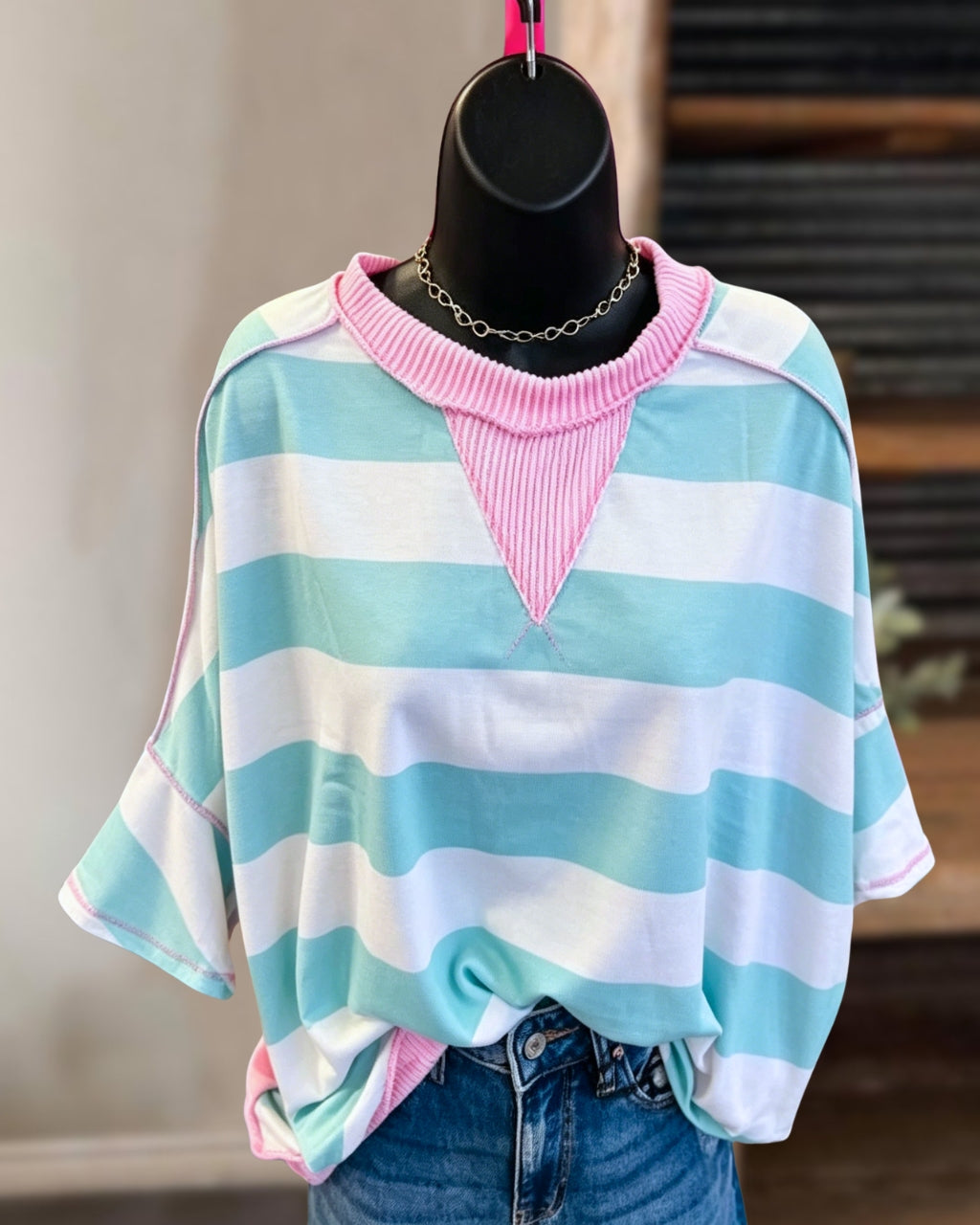 Reverse Stitching Striped Ribbed Trim T-shirt