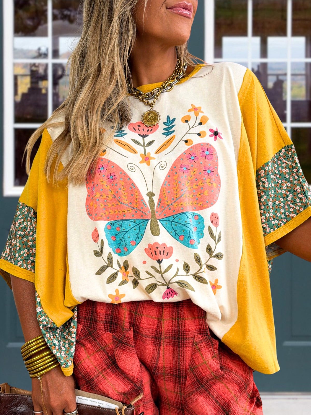 Butterfly and Floral Color-Block Top