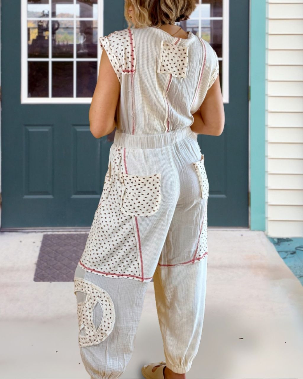 Peace Patch Waffle Patchwork Jumpsuit