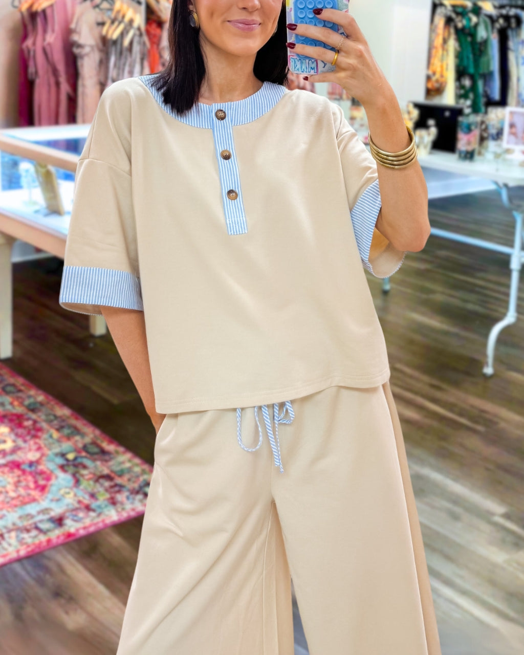 Stylish Striped Trim Henry Set