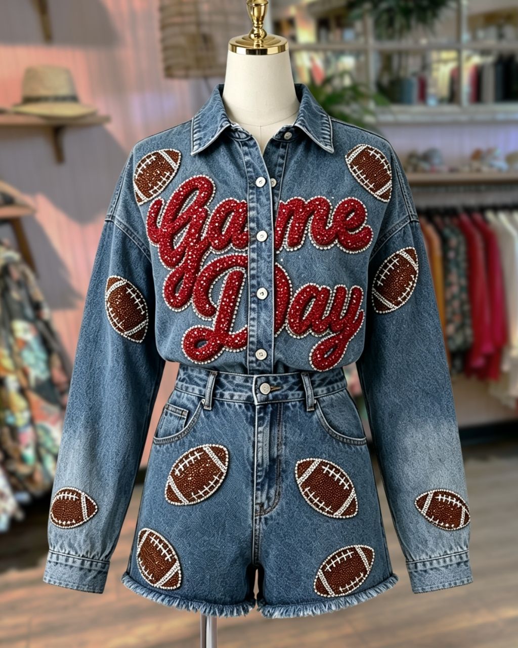 Football Sequined Denim Shorts
