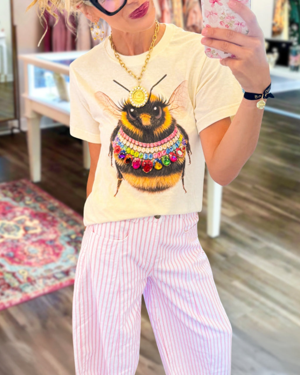 Jeweled Bee Collar Print Top