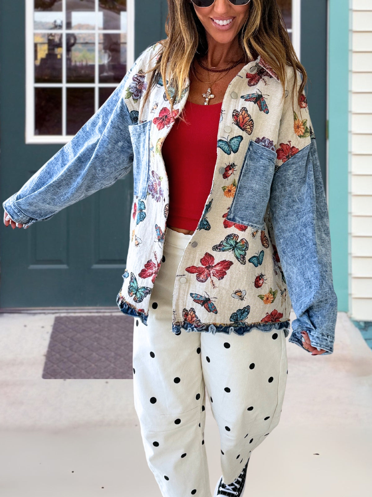 Colorful Butterfly Print Washed Distressed Jacket