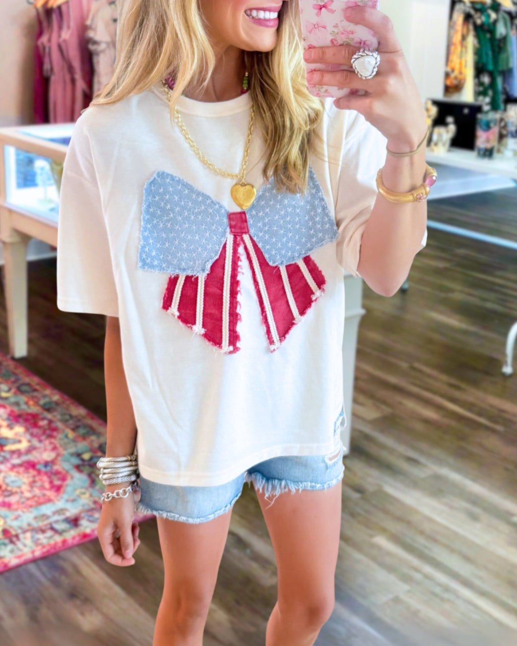 Flag Bow Patch Embroidered T-shirt