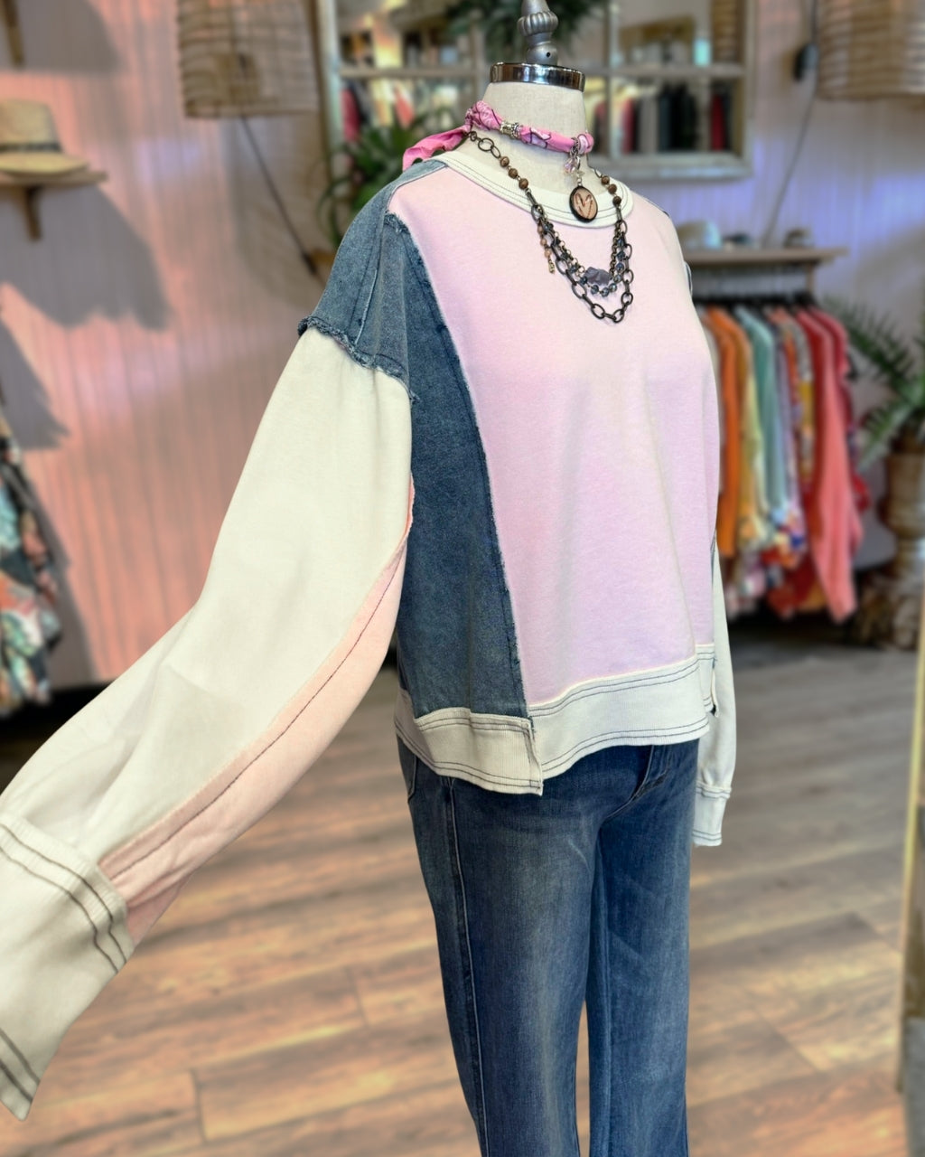 Washed Distressed Color Blocked Pullover