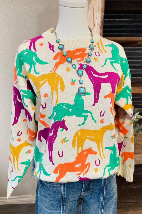 Multicolor Horse Crew Neck Sweater