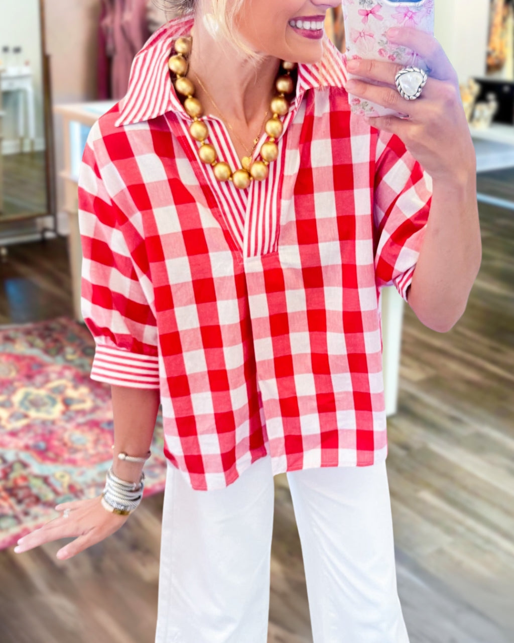 Striped-trimmed V-neck Plaid Top