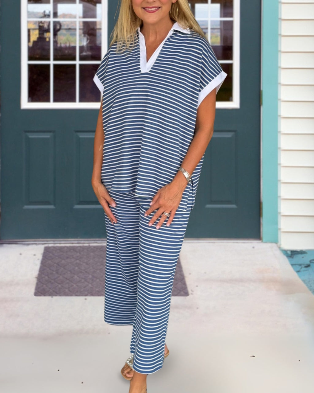 Contrast Trim Striped Set