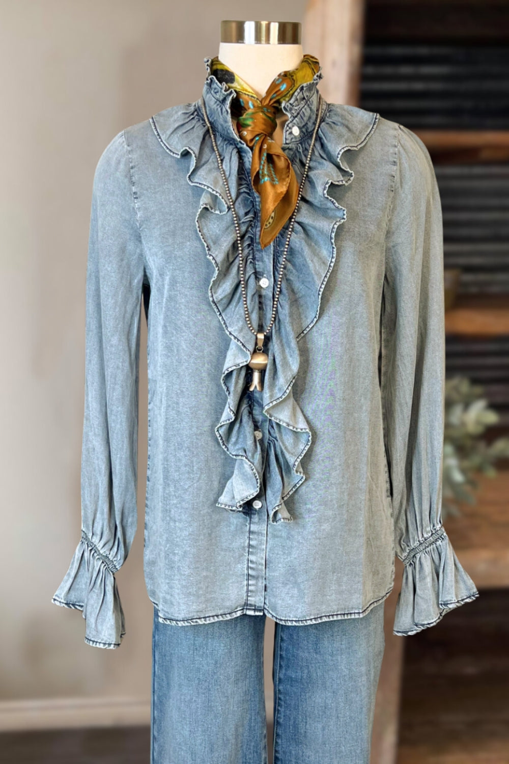 Ruffle Tencel Denim Shirt