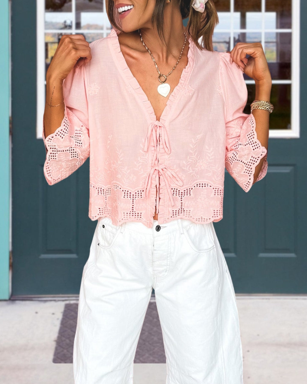 Lace-up Cutout Trim Embroidery Top