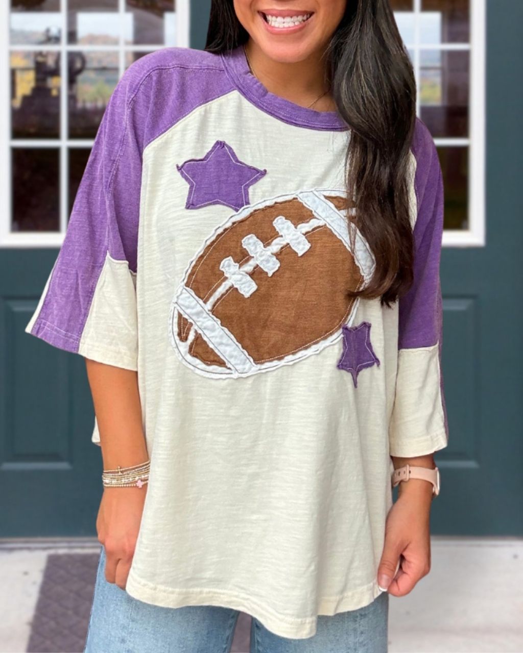 Color-blocked Raglan Football Patch Top