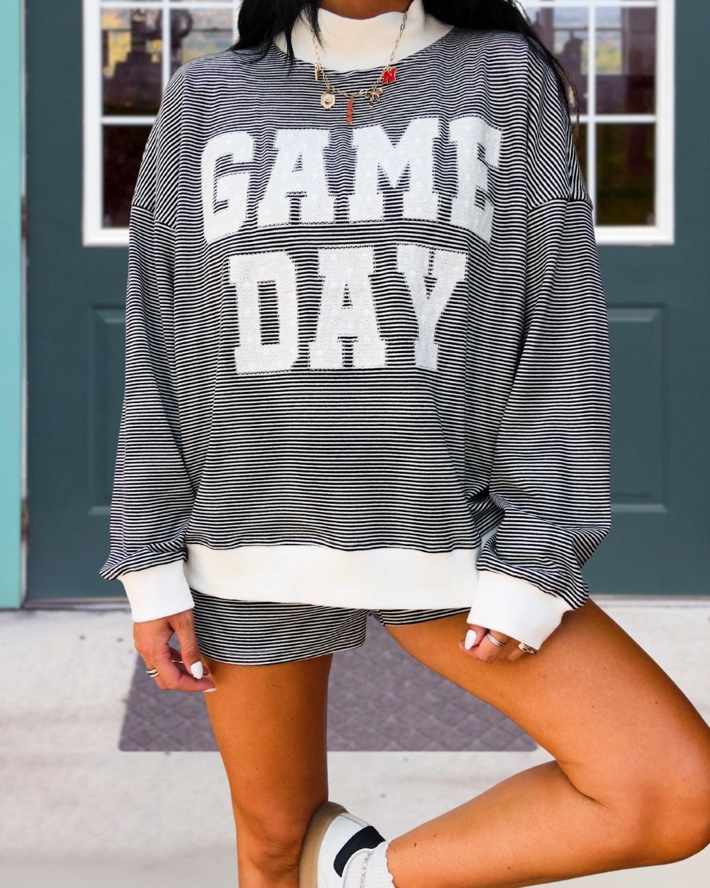 Game Day Embroidered Striped Shorts Set