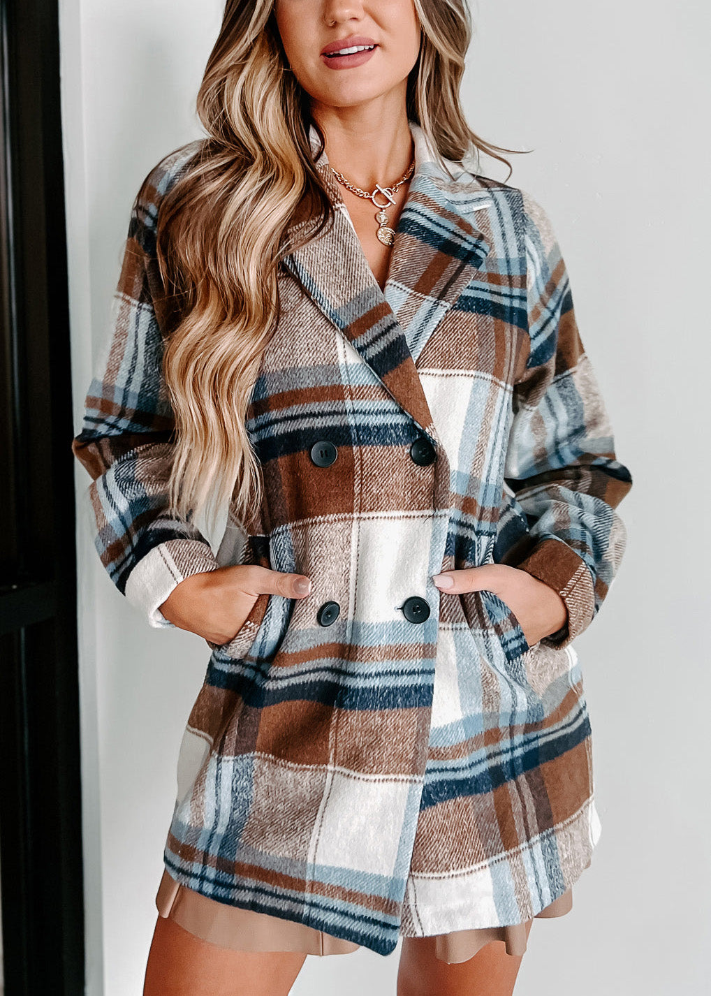 Double-Breasted Plaid Blazer Jacket