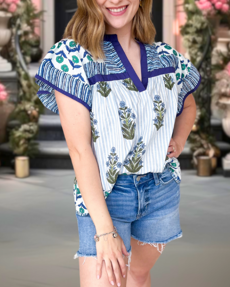 Blue Floral Folk Art Blouse