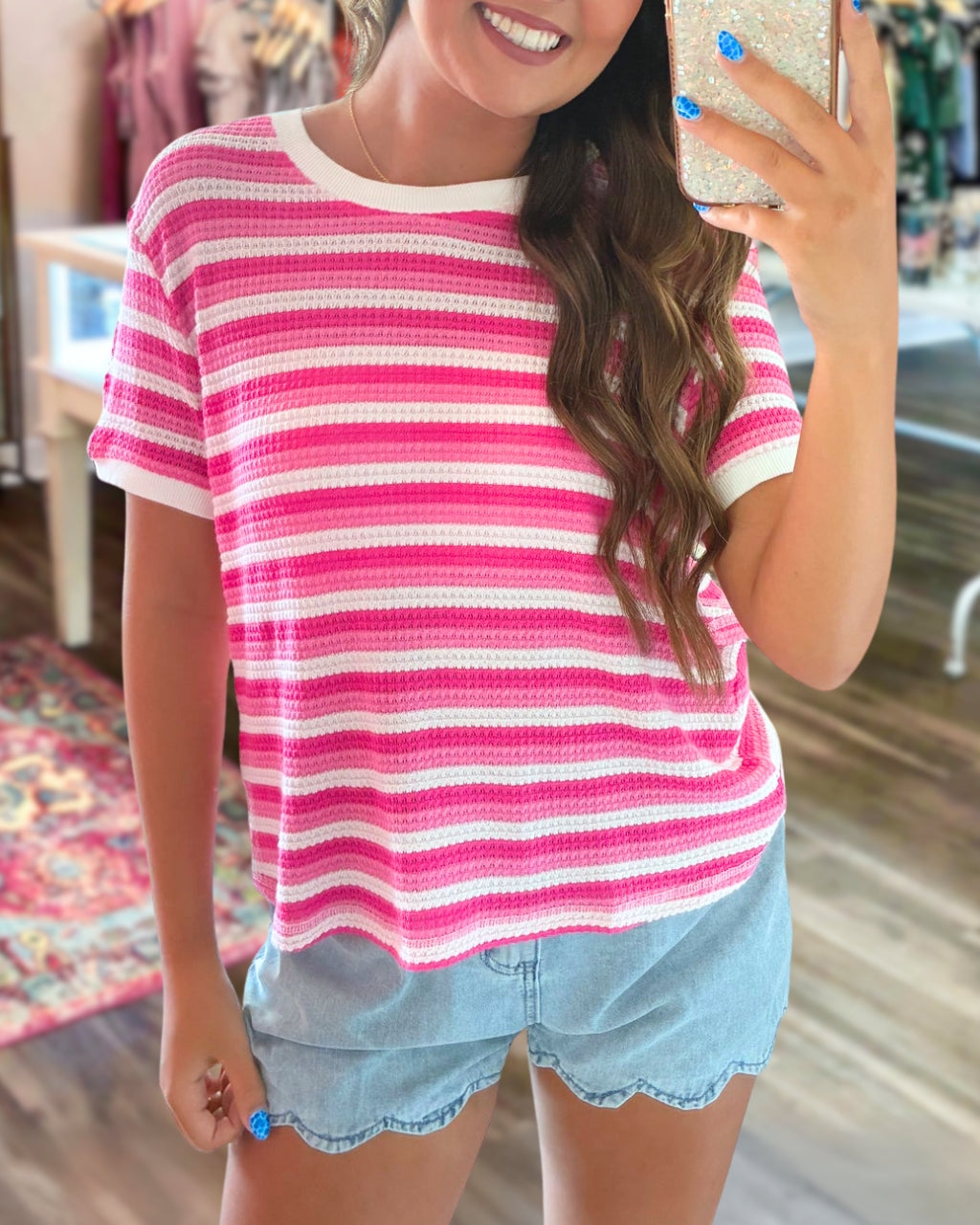 Waffle-textured Color-block Striped Top