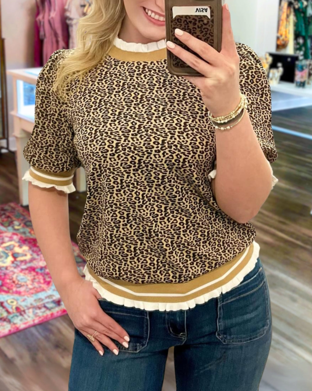 Leopard Ruffle Trim Top