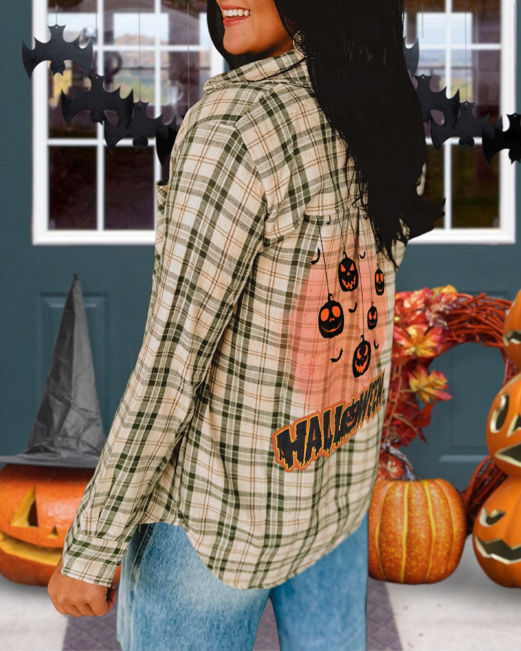 Whimsical Halloween Pumpkin Graphic Plaid Shirt