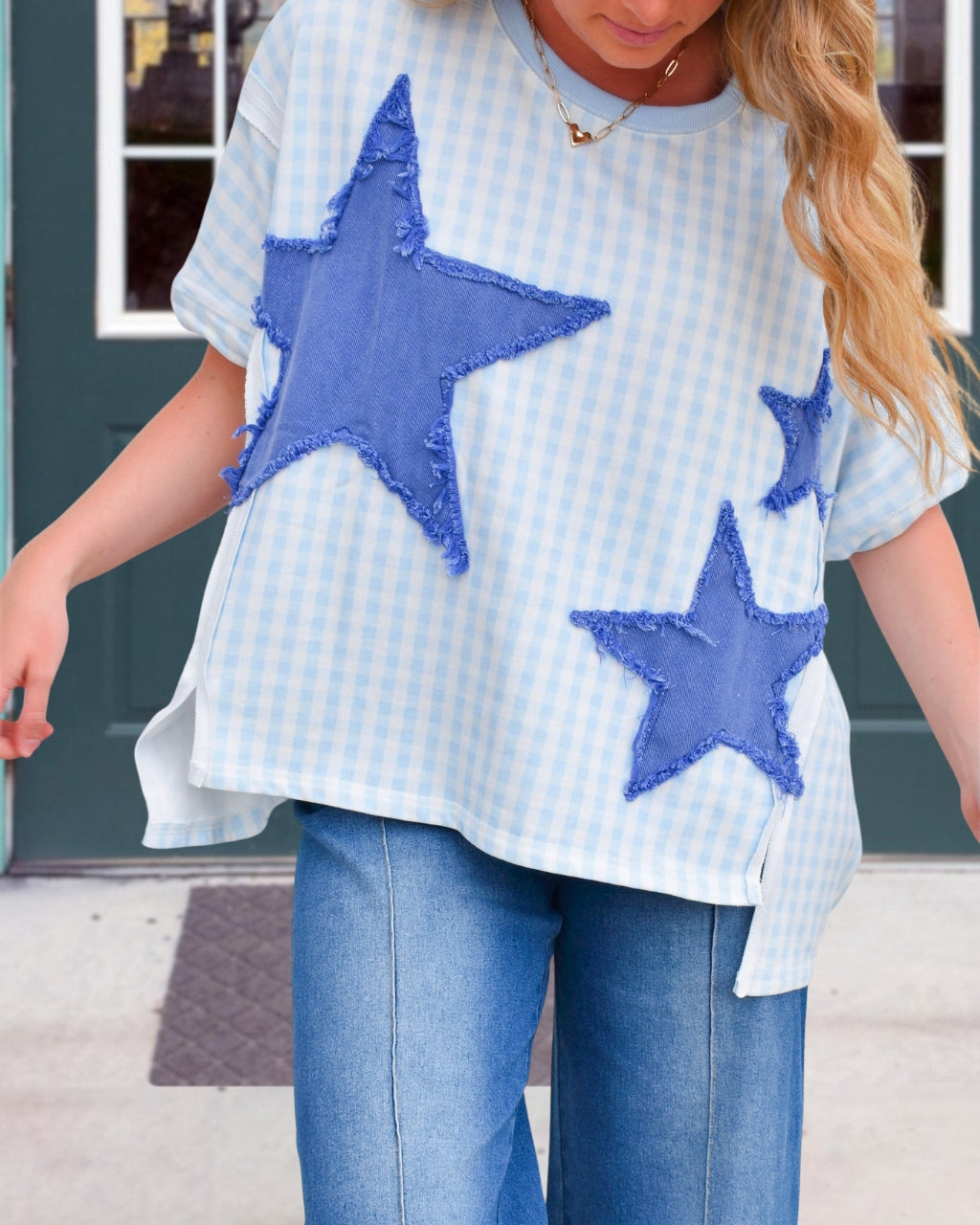 Star Embroidered Plaid Top