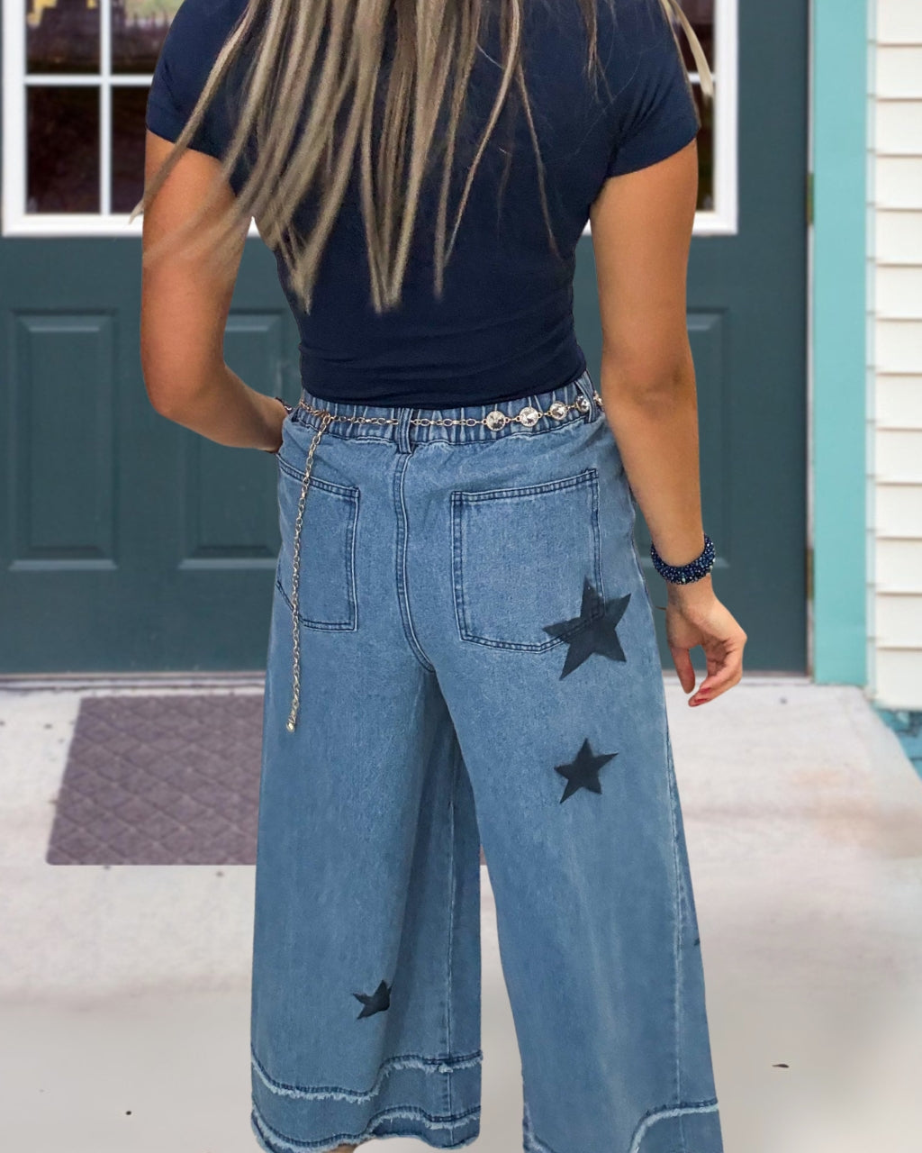 Star-Print Wide-Leg Denim Pants
