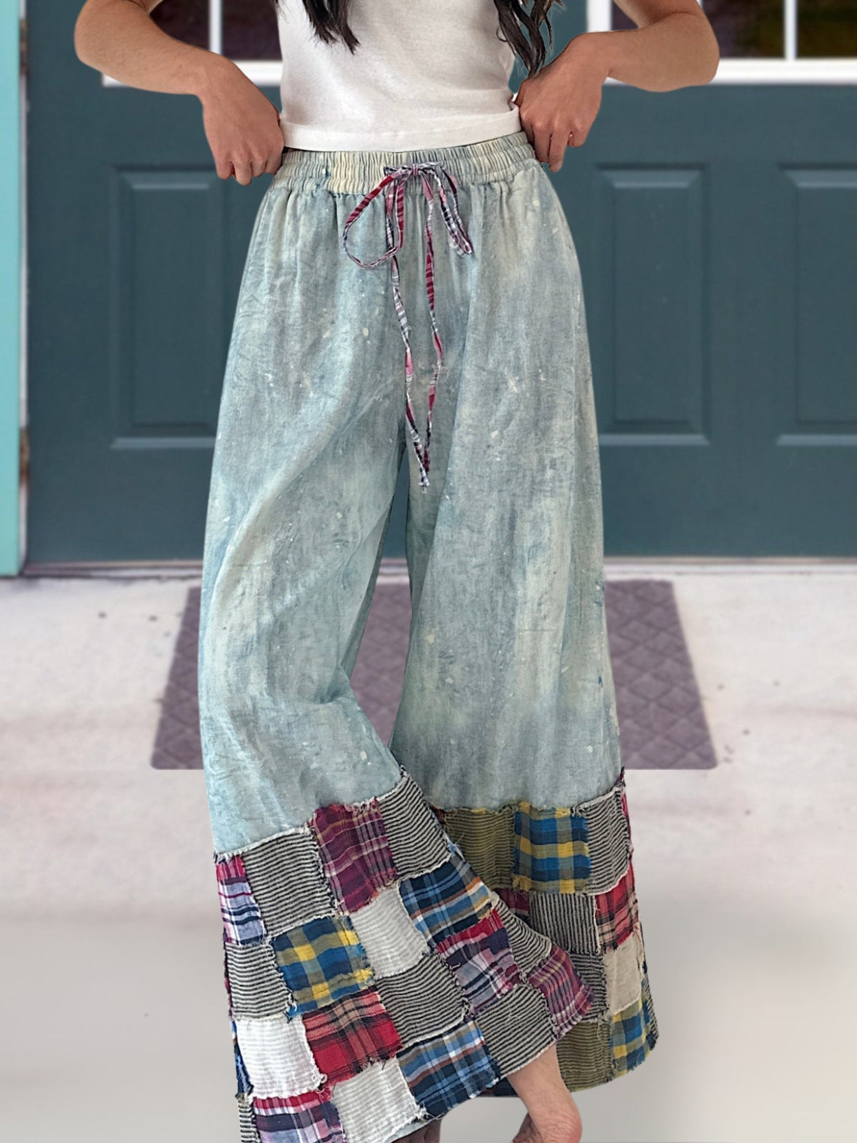 Plaid Patchwork Denim Wide-Leg Pants