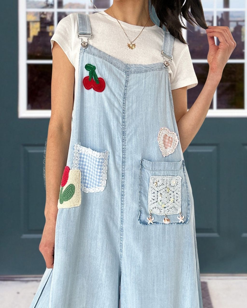 Cherry Embroidered Denim Overalls
