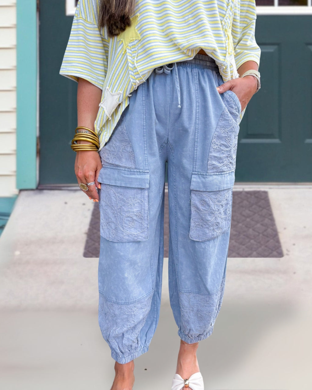 Embroidered Floral Denim Jogger